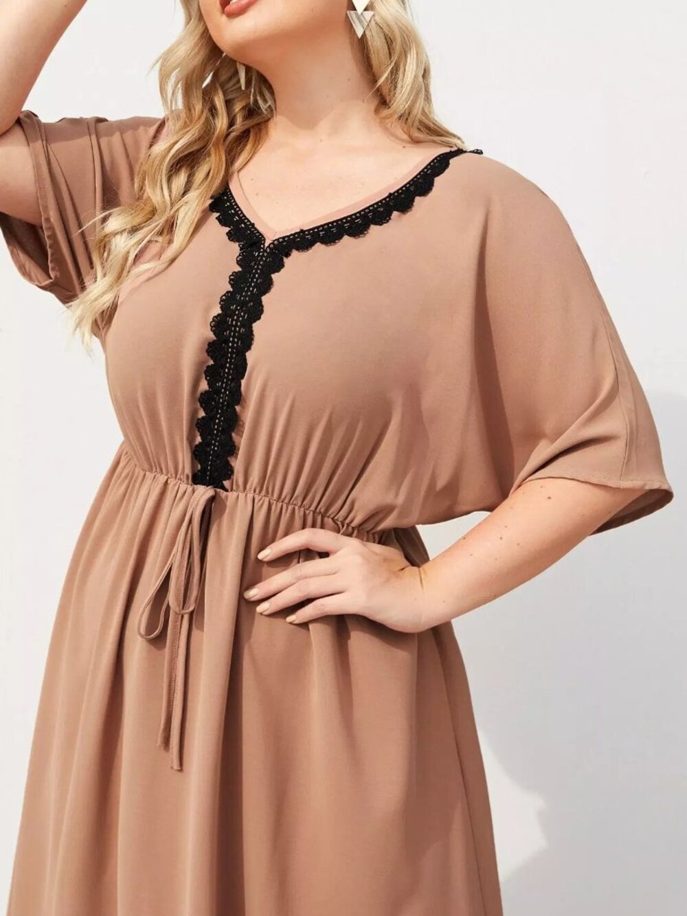 SHEIN Curve 0XL Camel Brown V-Neck Black Lace Trim Boho Midi Dress Plus Size - Picture 4 of 10
